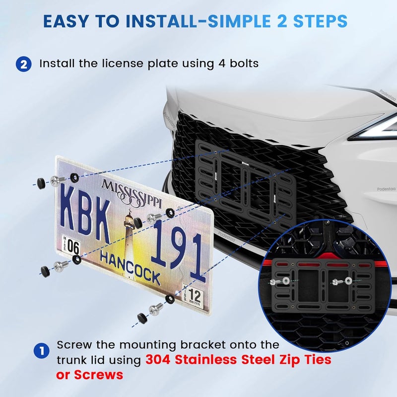 Podestaa Front License Plate Bracket Holder, 2 Drill License Plate Mount, Universal Bumper Car Tag Frame Mounting kit - Image 5
